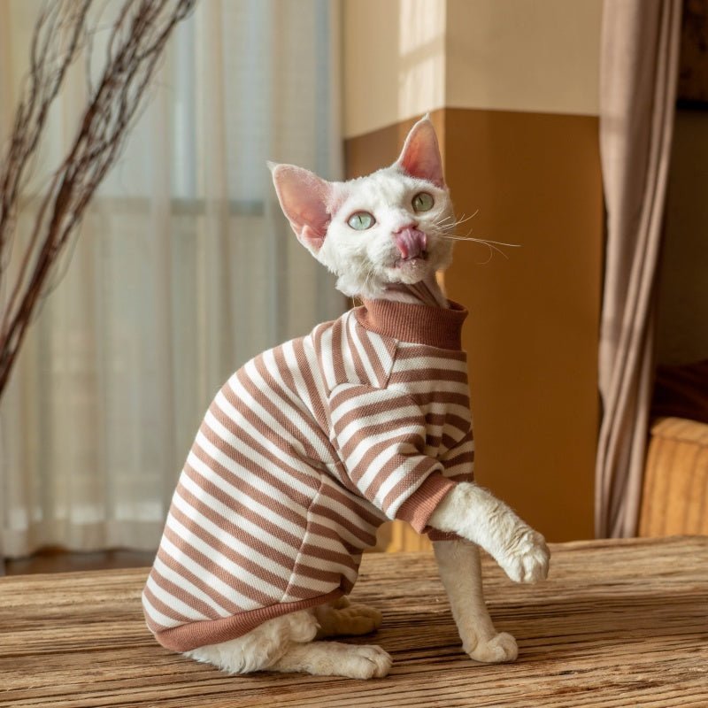 cotton-undershirt-striped-sweatshirt-warm-sphynx-cat-clothes-1267660.jpg Striped Cat Turtleneck - Warm Cotton Base Layer Shirt for Hairless Sphynx Cats - Image 1