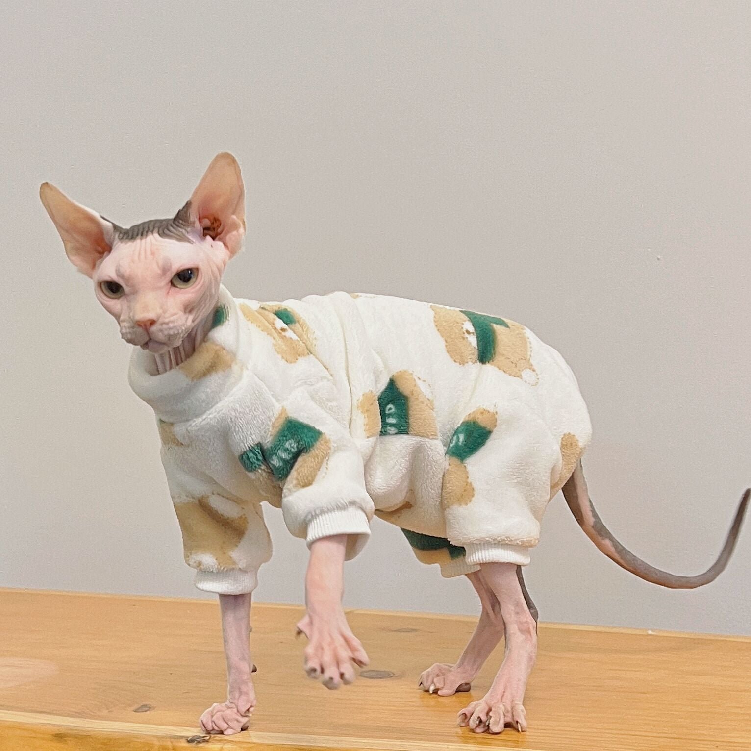 sphynx-cat-coat-faux-fur-pattern-pullover-coat-highneck-wear-devon-rex-clothes-3857775.jpg Bear Print Cat Sweatshirt - Double-Sided Flannel Pullover for Hairless Sphynx Cats - Image 1