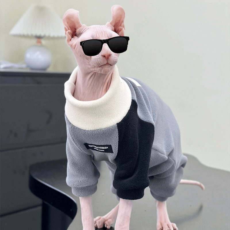sphynx-cat-hoodie-pullover-highneck-fleece-top-devon-rex-clothes-4622829.png Colorblock Cat Sweatshirt - Turtleneck Fleece Pullover for Hairless Sphynx Devon Cats - Image 1